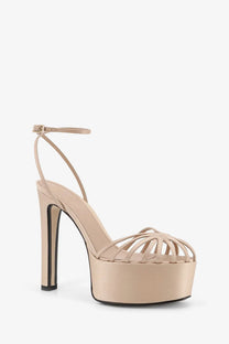 Beige satin alevi women eva platform sandal with high stiletto heel and crisscross ankle strap