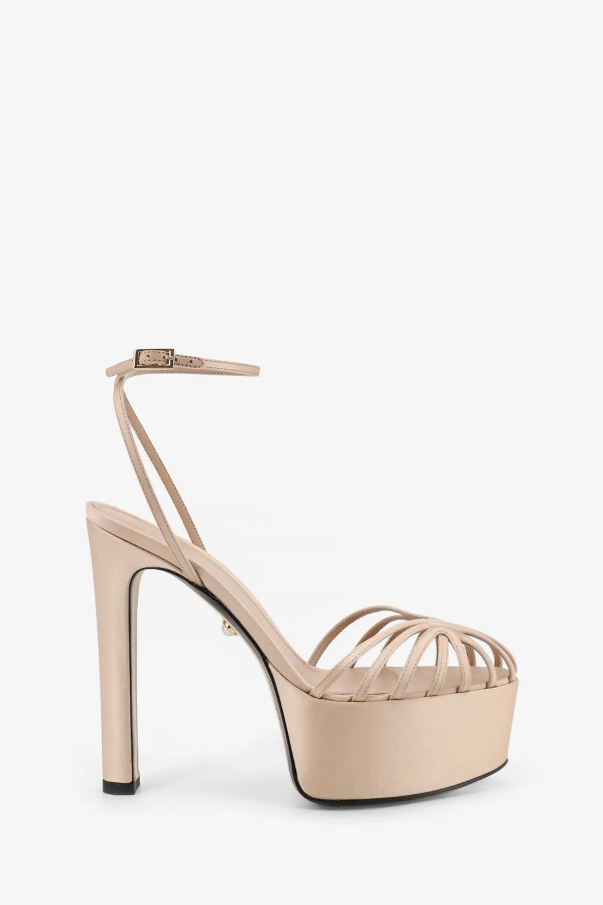 Beige platform stiletto sandal with satin finish thin ankle strap and crisscross toe straps by alevi womens eva