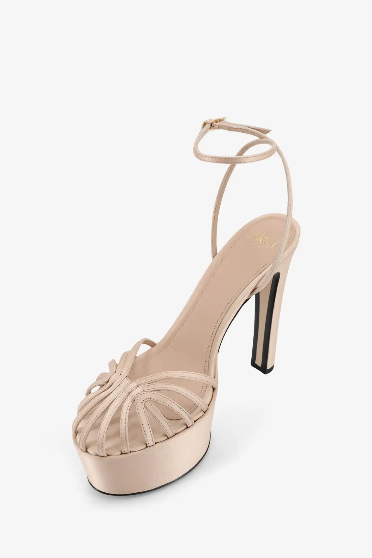 Beige satin skin alevi women’s eva platform sandal with high heel and thin straps forming an intricate pattern