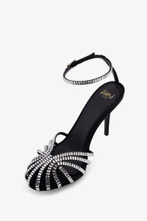 Alevi womens penelope black high-heeled sandal with sparkling silver rhinestones on straps and ankle strap