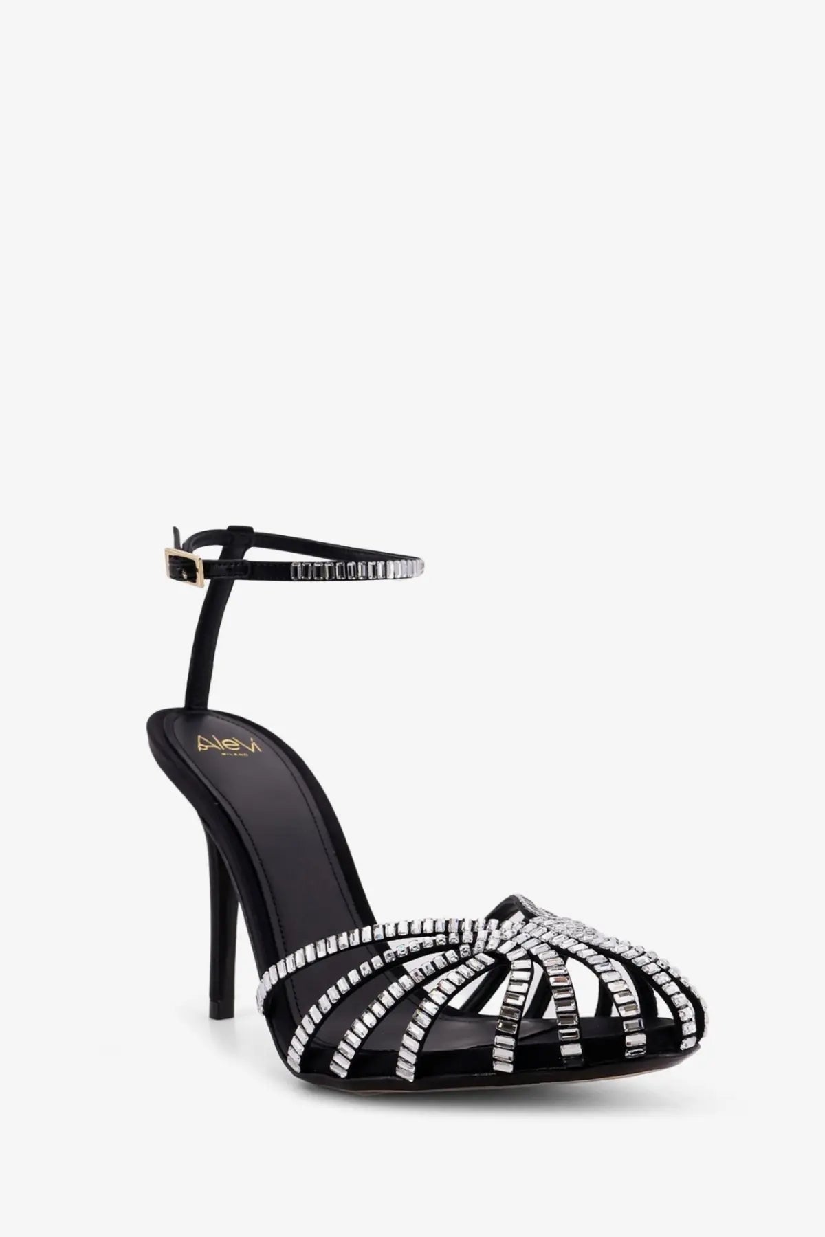 Alevi women’s penelope black satin high-heeled sandal with slender ankle strap and sparkling rectangular crystals