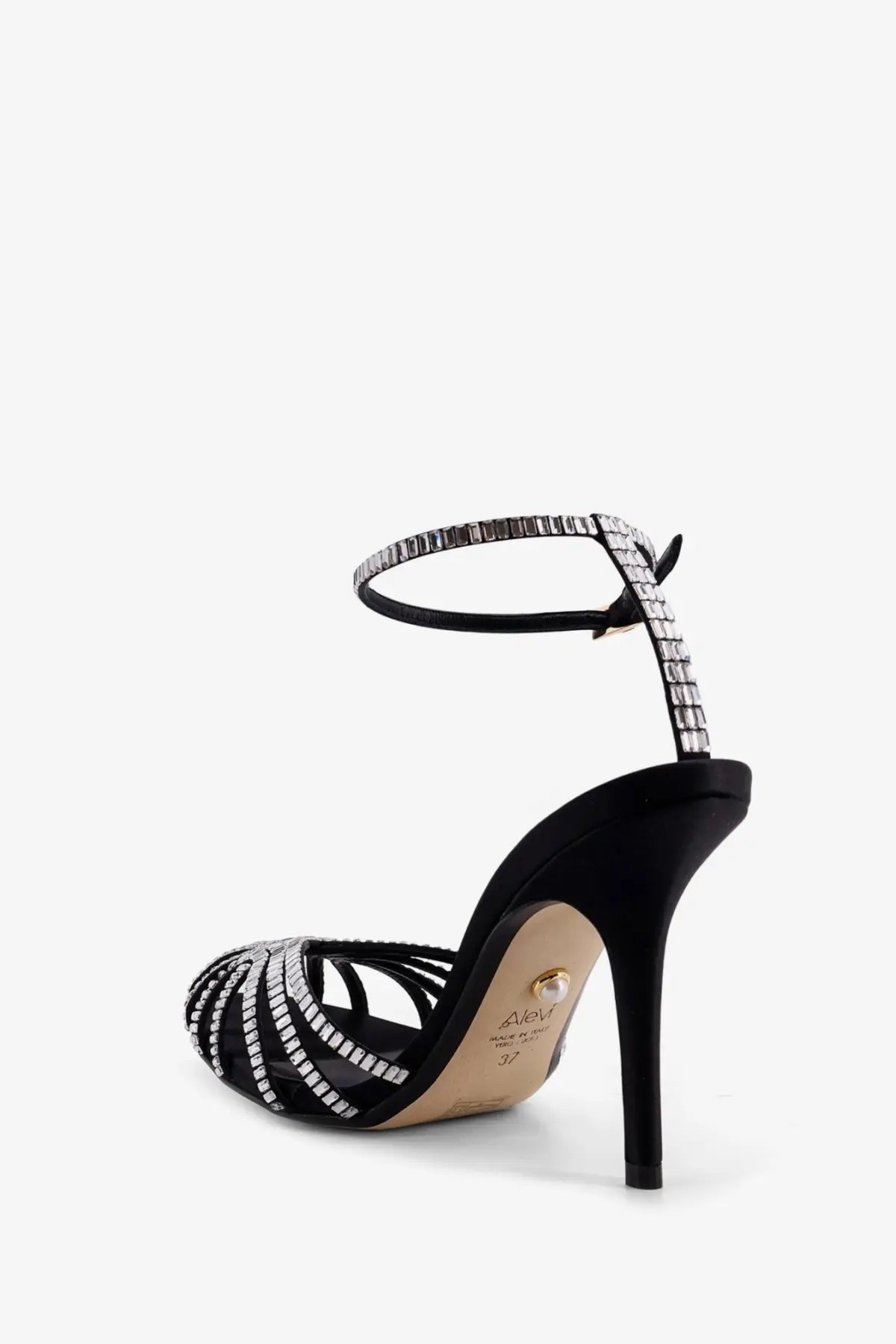 Alevi women’s penelope black satin high-heeled sandal with slender ankle and crystal-adorned toe straps