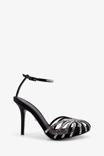 Alevi women’s Penelope black strappy high-heeled sandal with sparkling rectangular crystals on toe and ankle strap