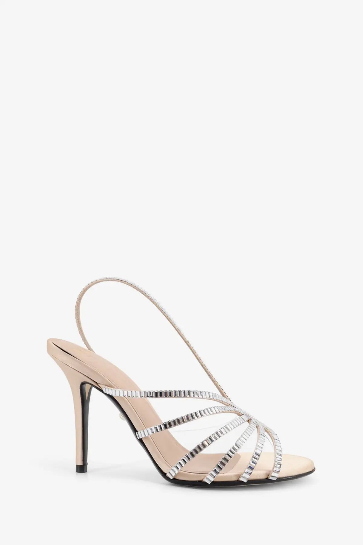 Beige satin strappy high-heeled sandal with silver rhinestone detailing and thin ankle strap by Alevi women’s star xtal