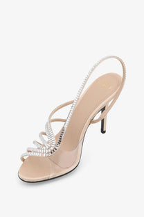 Beige satin alevi women star xtal strappy high-heeled sandal with silver rhinestone detailing and thin heel