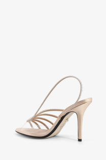 Alevi women’s star xtal satin sandals beige satin strappy with clear toe straps and beaded ankle strap
