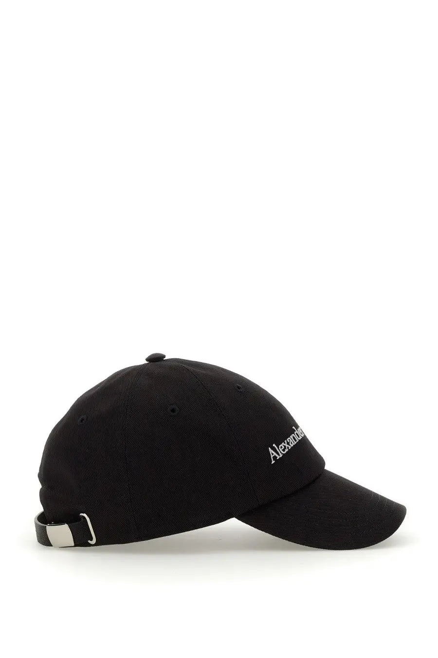 Black alexander mcqueen men’s baseball hat with white embroidered logo and silver-toned buckle at the back