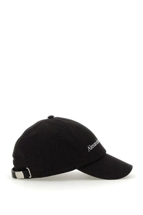 Black alexander mcqueen men’s baseball hat with white embroidered logo and silver-toned buckle at the back