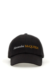 Black Alexander McQueen men’s baseball hat with white and gold embroidered logo on front panel