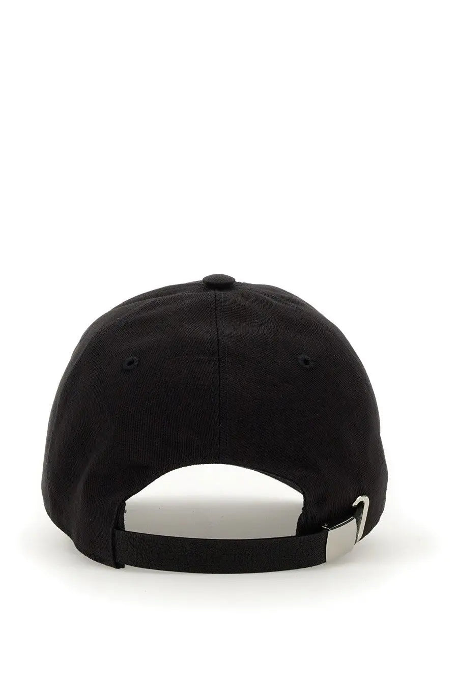 Black Alexander McQueen men’s baseball hat with silver metal buckle and adjustable strap shown from the back