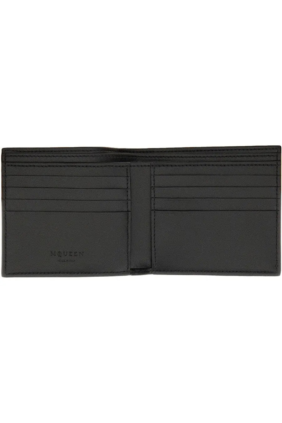 Alexander McQueen men’s black leather bifold wallet with embossed mcqueen branding on the inner left side