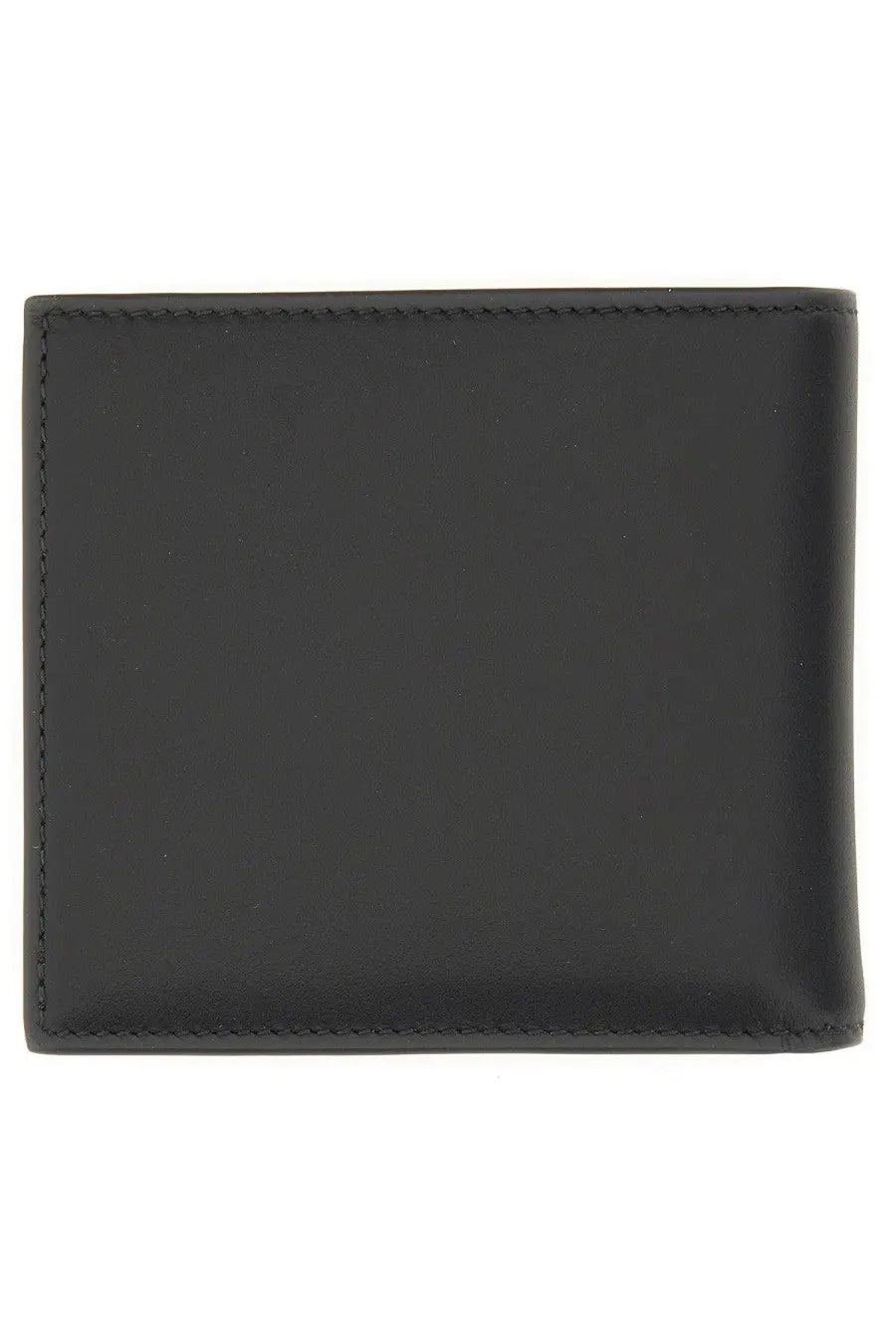 Black leather Alexander McQueen men’s bifold wallet with precise stitching along the edges