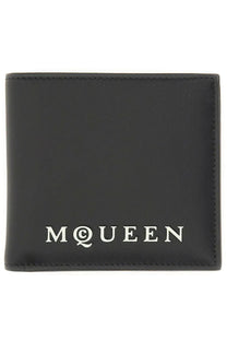Alexander McQueen men’s bifold black leather wallet with white mcqueen logo embossed on the front