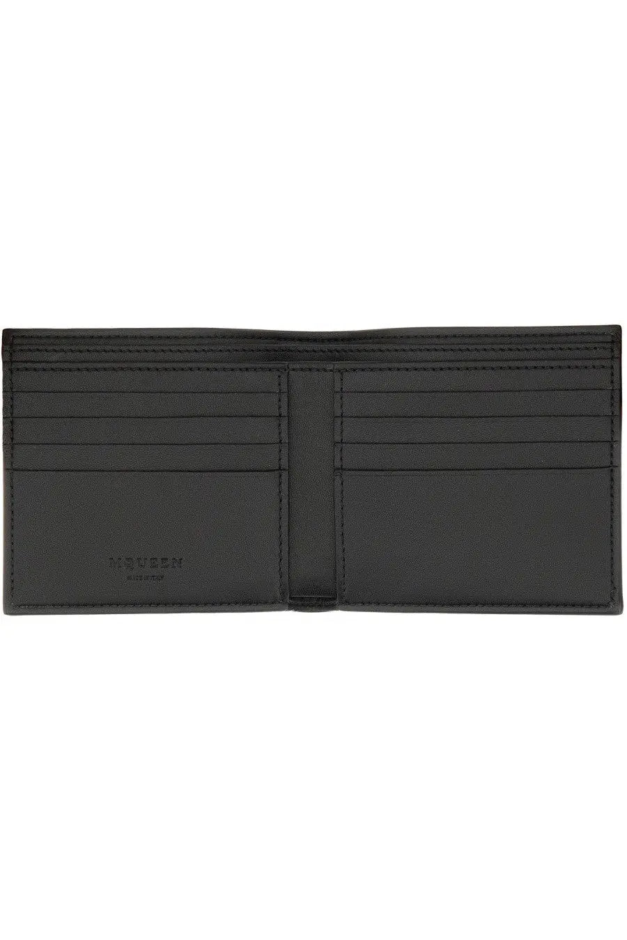 Alexander McQueen men’s black leather bifold wallet with embossed mousse branding on the inner left side