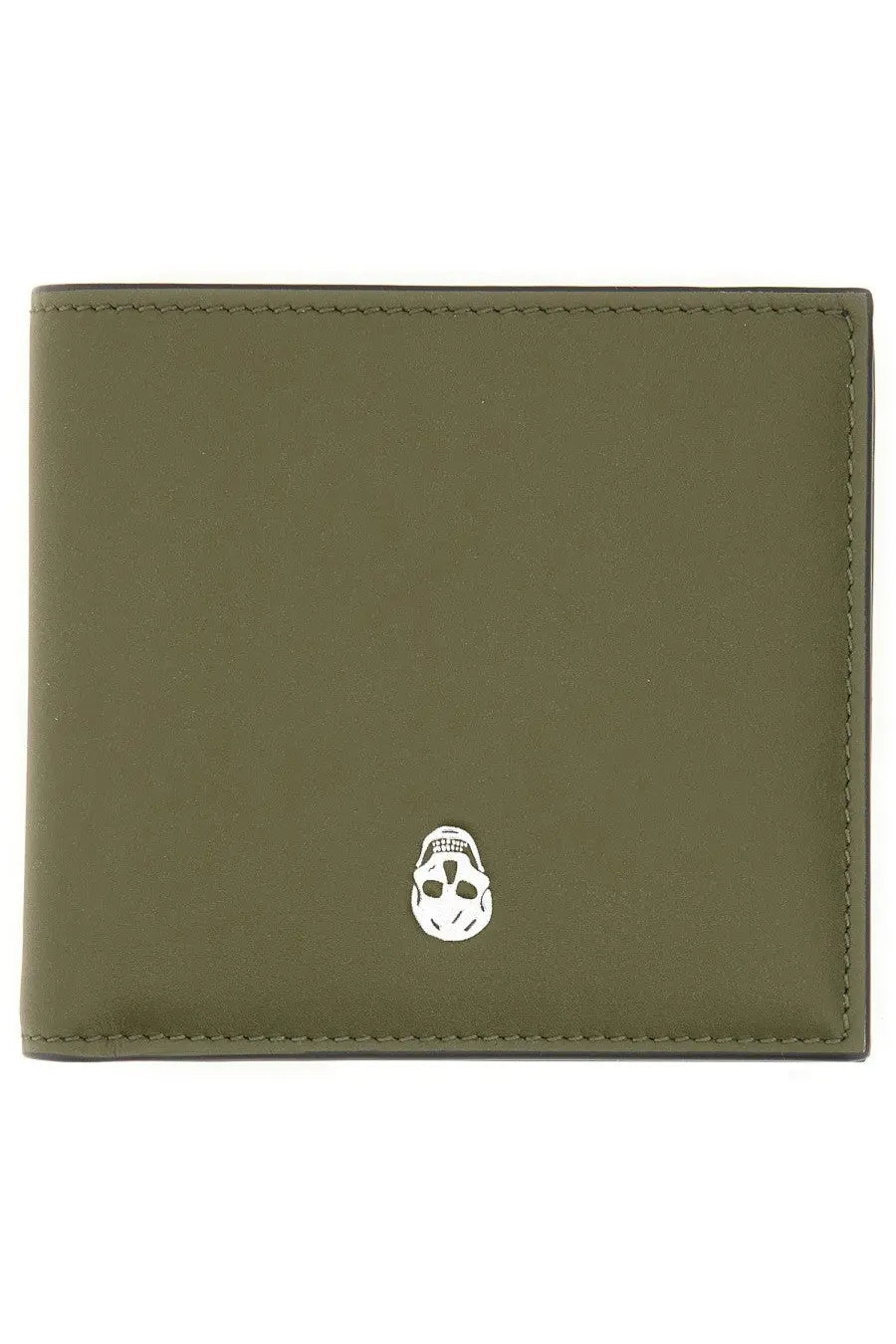 Alexander McQueen men’s bifold wallet in olive green leather with a small silver skull emblem at the center