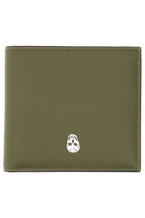 Alexander McQueen men’s bifold wallet in olive green leather with a small silver skull emblem at the center