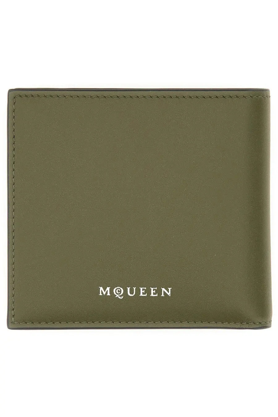 Alexander McQueen men’s bifold wallet in olive green leather with white m@queen logo embossed at the bottom center