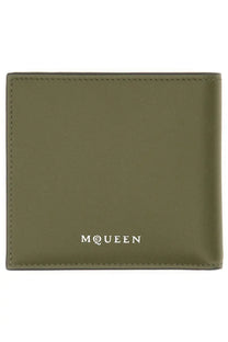 Alexander McQueen men’s bifold wallet in olive green leather with white m@queen logo embossed at the bottom center