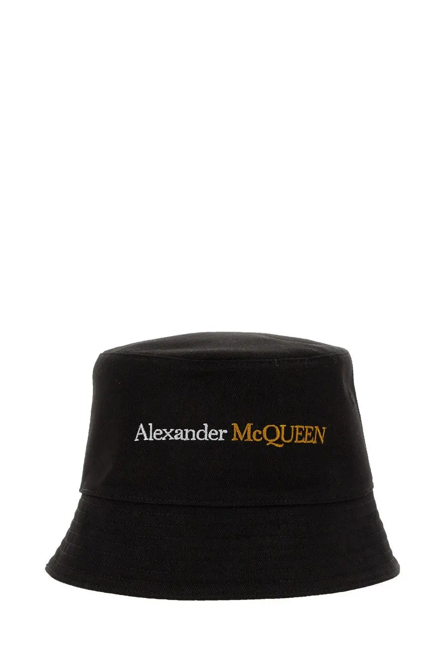 Black Alexander McQueen men’s bucket hat with white and gold embroidered logo on front made from soft fabric