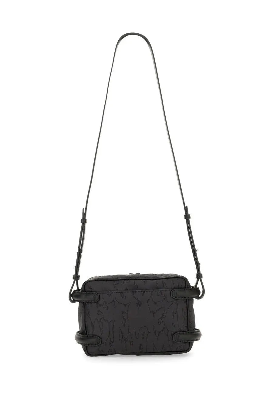 Alexander McQueen men’s black crossbody camera bag with subtle embossed pattern and minimalist leather design