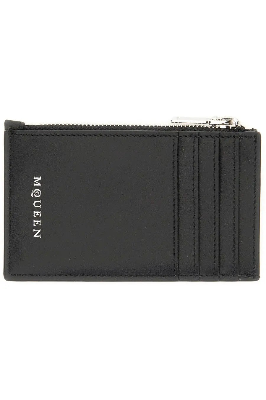Black leather alexander mcqueen men’s card holder with silver zipper and embossed moureen branding