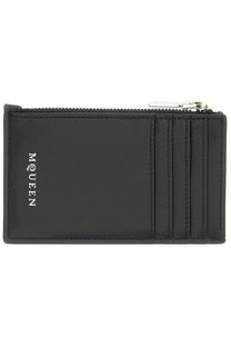 Black leather alexander mcqueen men’s card holder with silver zipper and embossed moureen branding