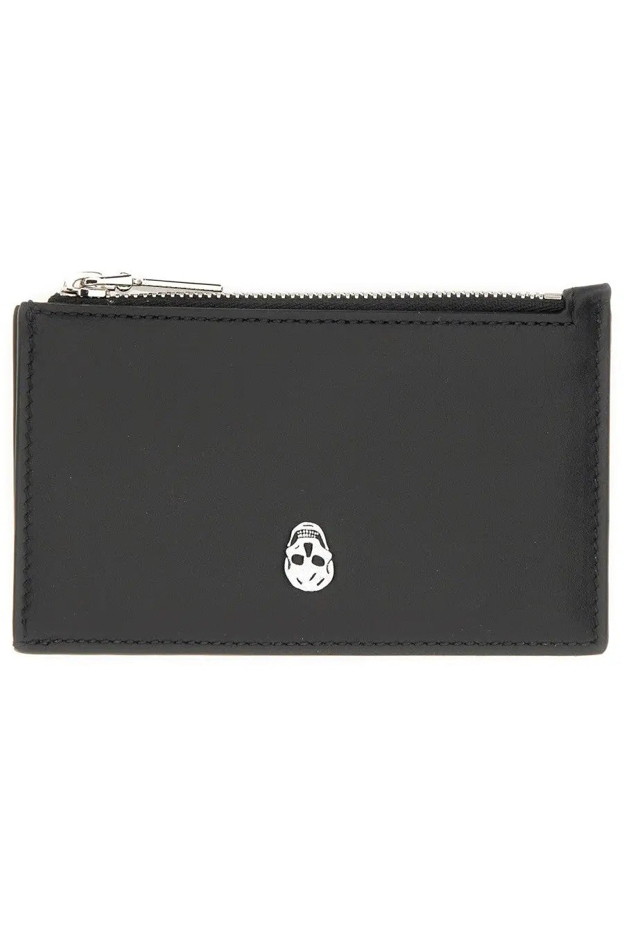 Black leather zippered card case with silver skull emblem by Alexander McQueen for men