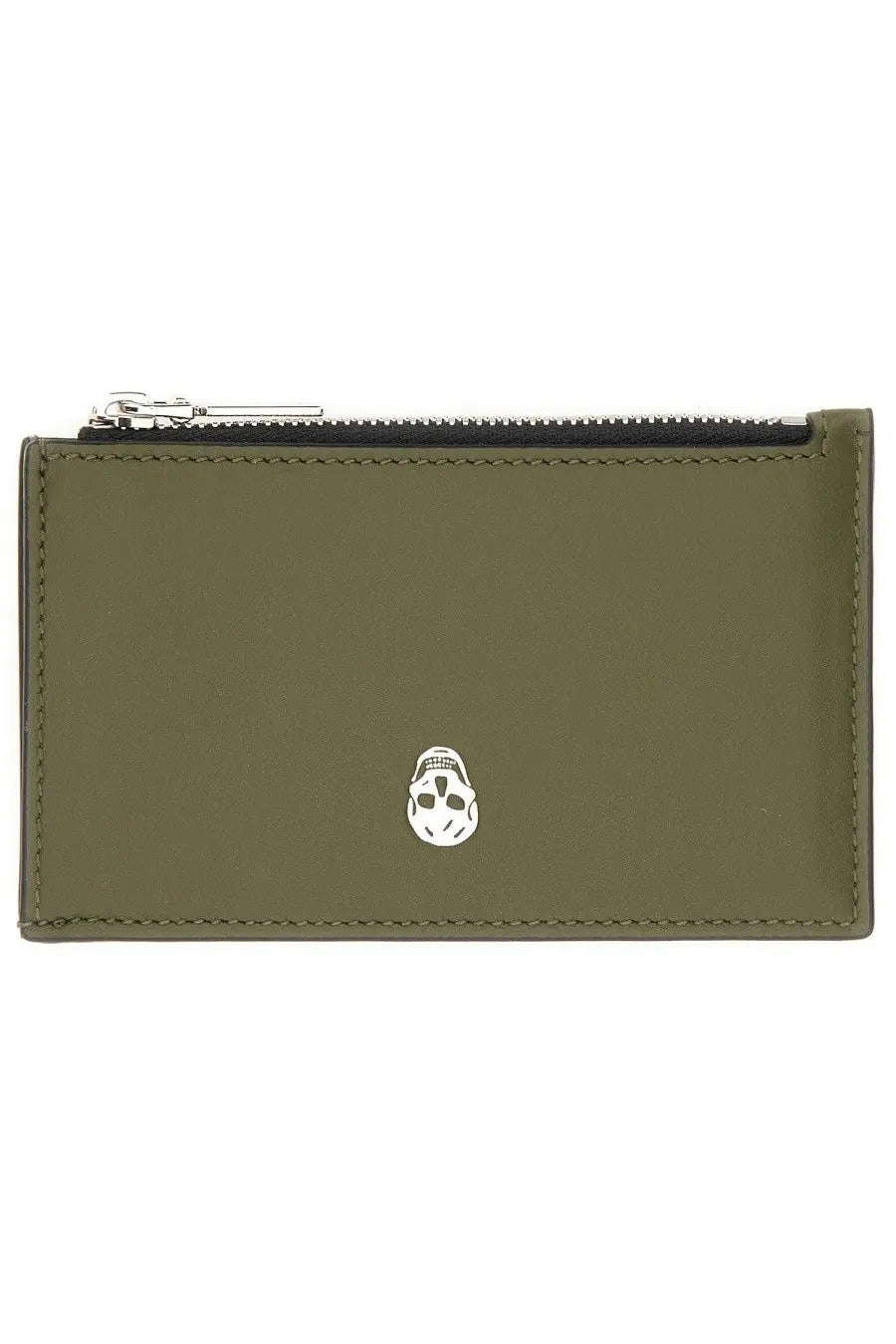 Alexander McQueen men’s olive green leather card holder with silver skull emblem and black zipper for stylish storage
