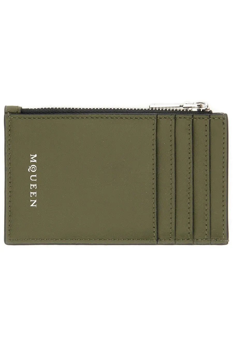 Alexander McQueen men’s olive green leather card holder with silver zipper and embossed mcqueen branding
