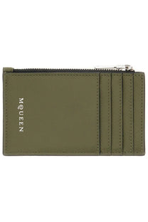 Alexander McQueen men’s olive green leather card holder with silver zipper and embossed mcqueen branding