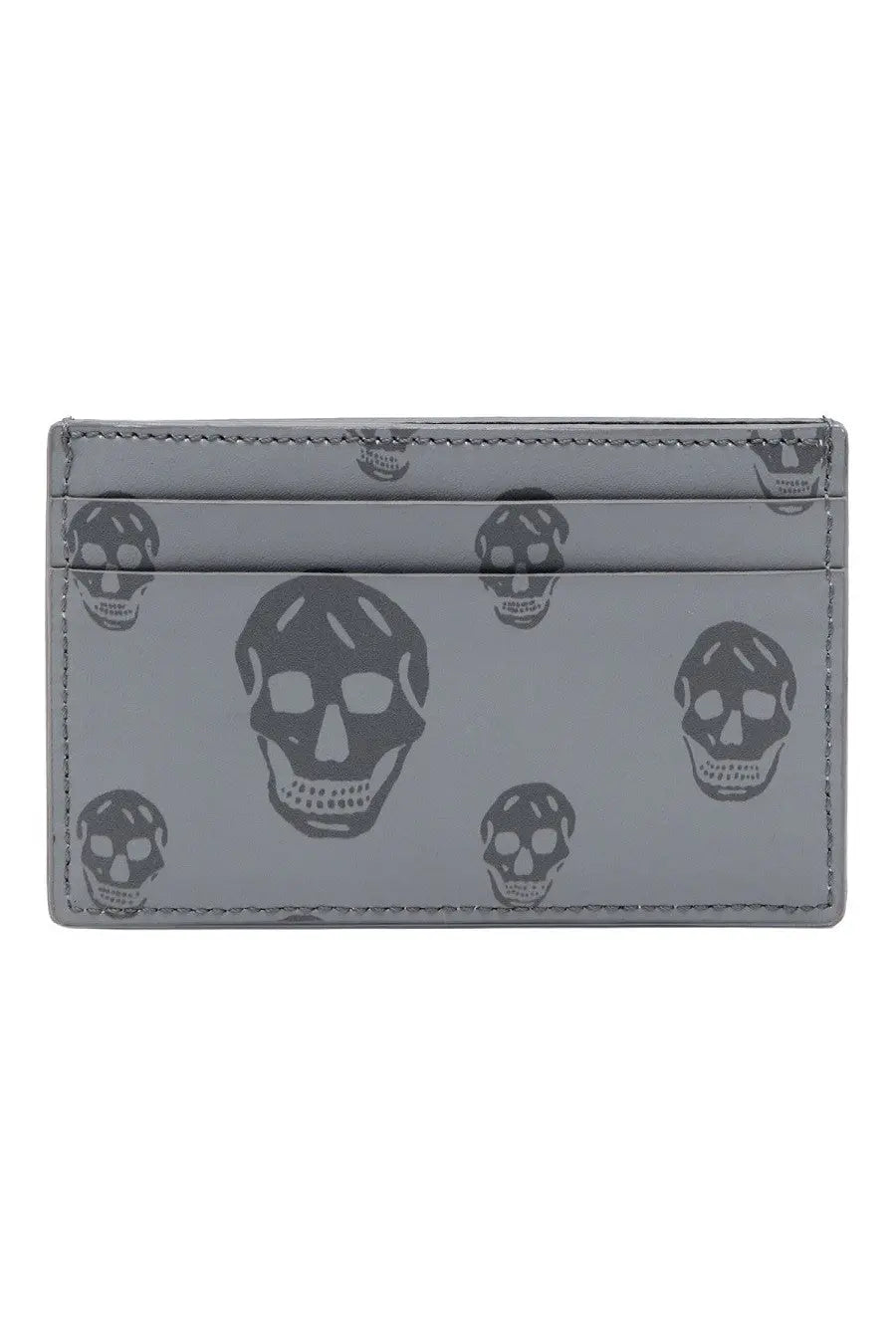 Gray leather Alexander McQueen men’s card holder with repeating black skull pattern for stylish organization