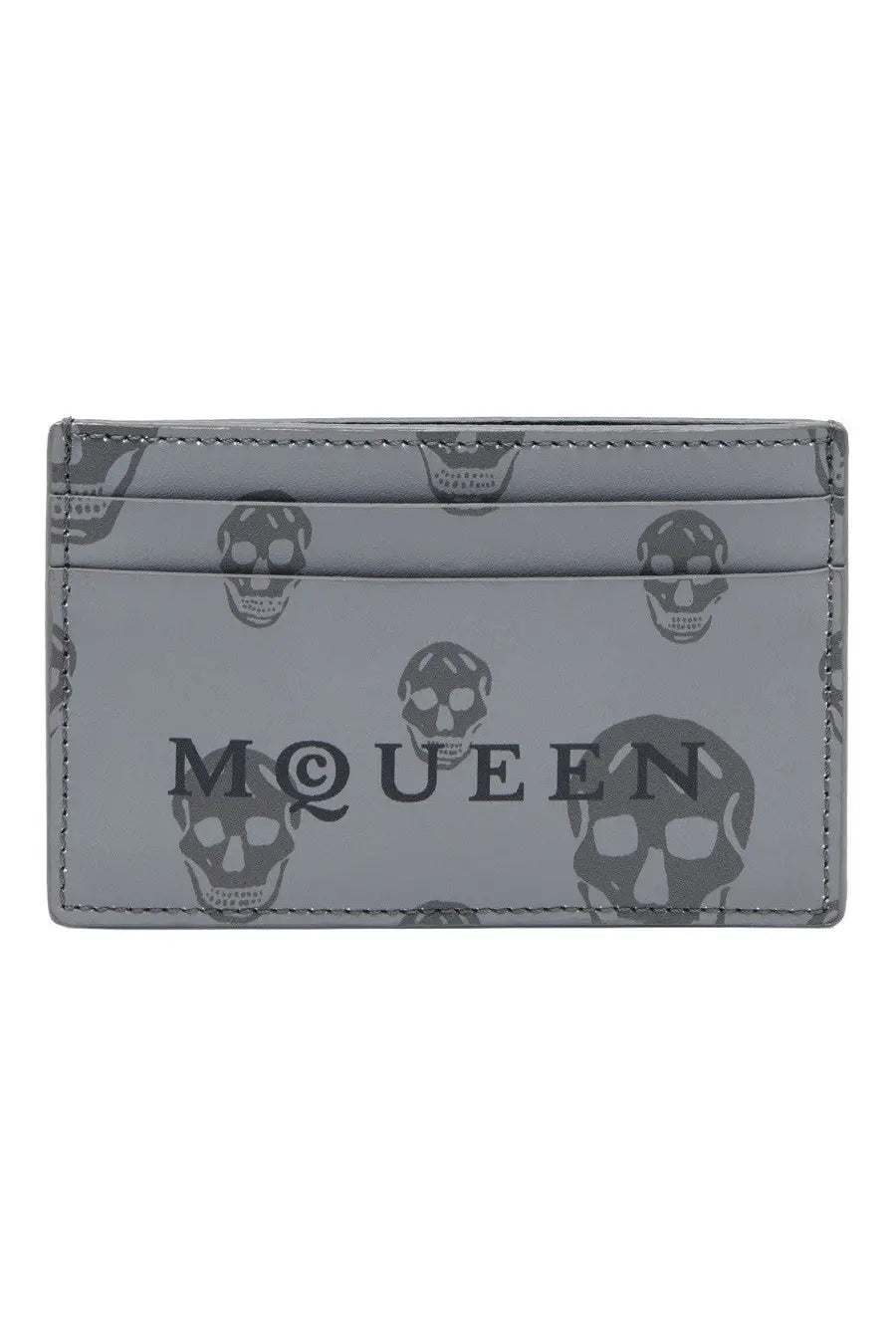 Gray skull-patterned Alexander McQueen men’s card holder with m@queen branding in black leather material