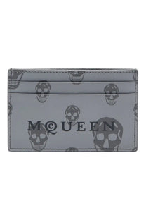 Gray skull-patterned Alexander McQueen men’s card holder with m@queen branding in black leather material