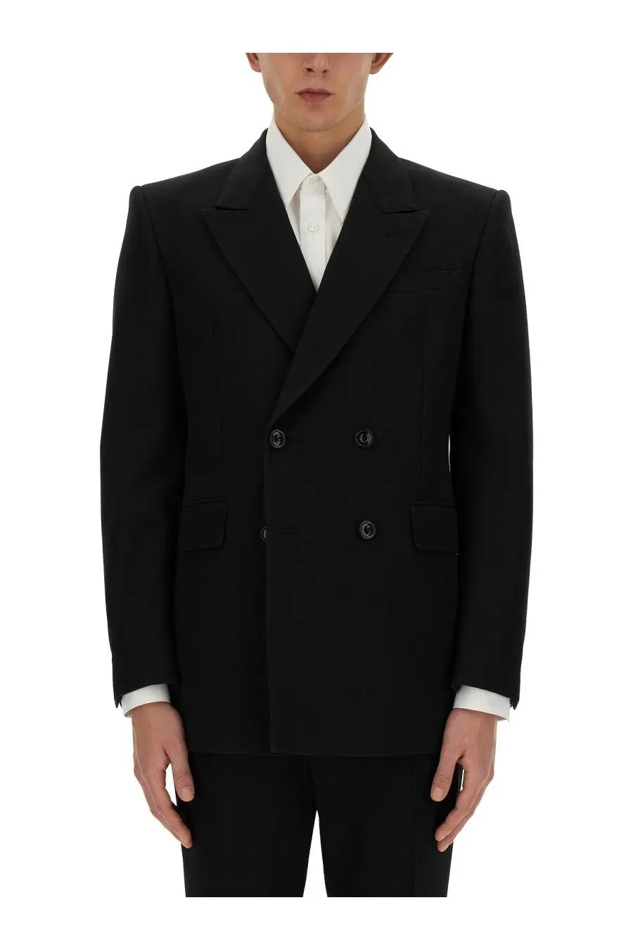 Alexander McQueen men’s black double breasted suit jacket with notched lapels and silver toned buttons