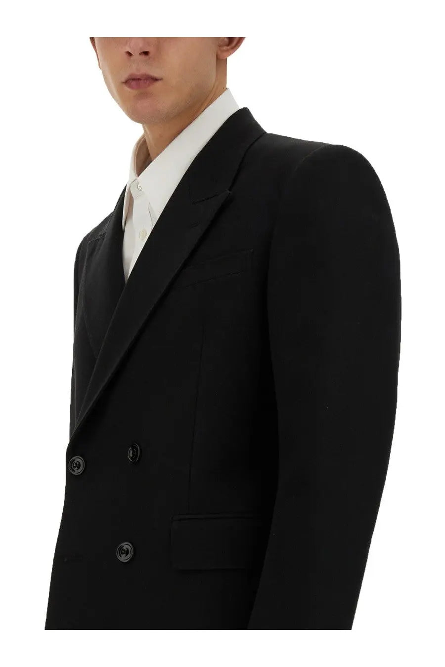Alexander McQueen men’s black double breasted suit jacket with notched lapels and dark buttons
