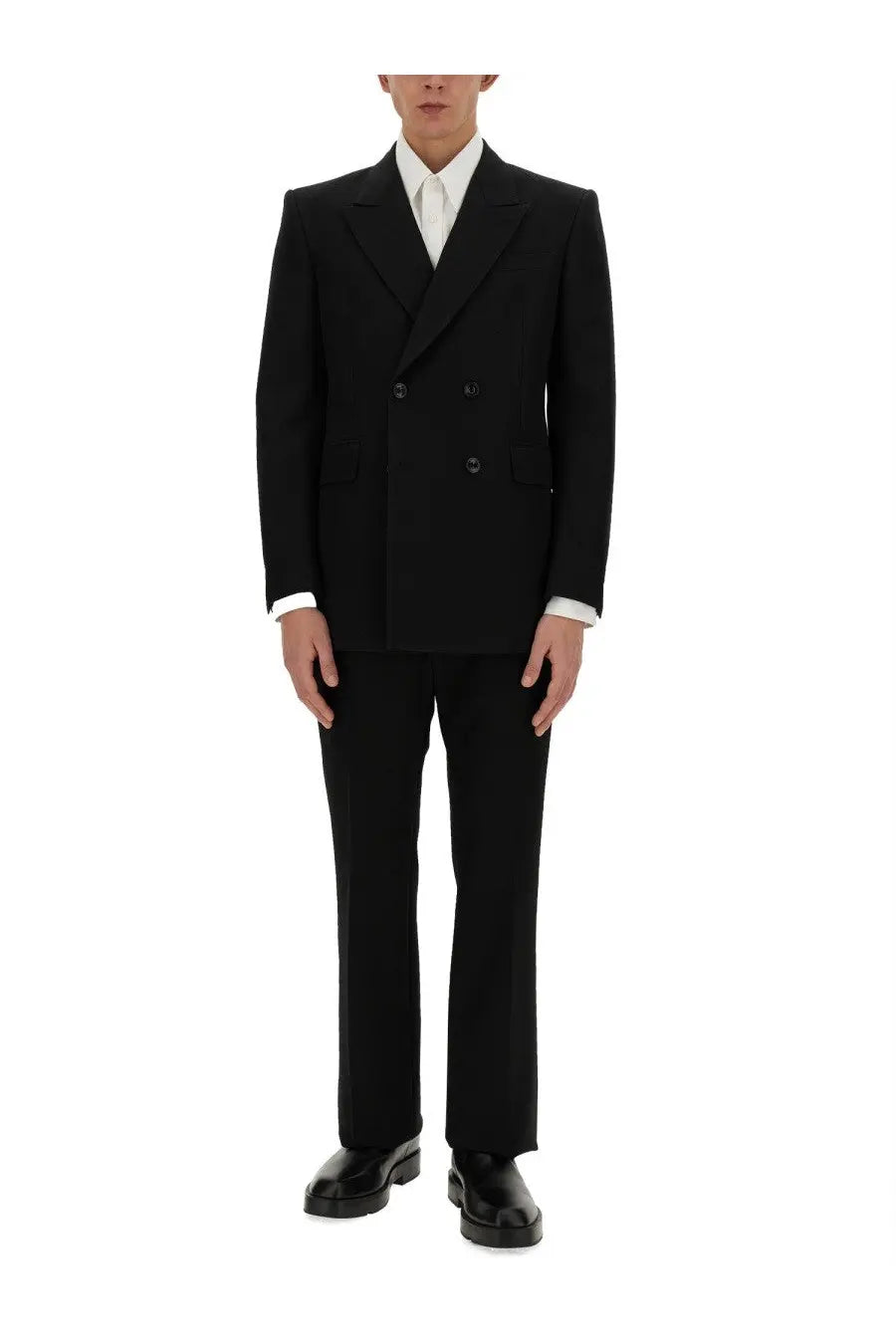 Alexander McQueen men’s black double-breasted suit jacket with tailored fit and classic lapel design