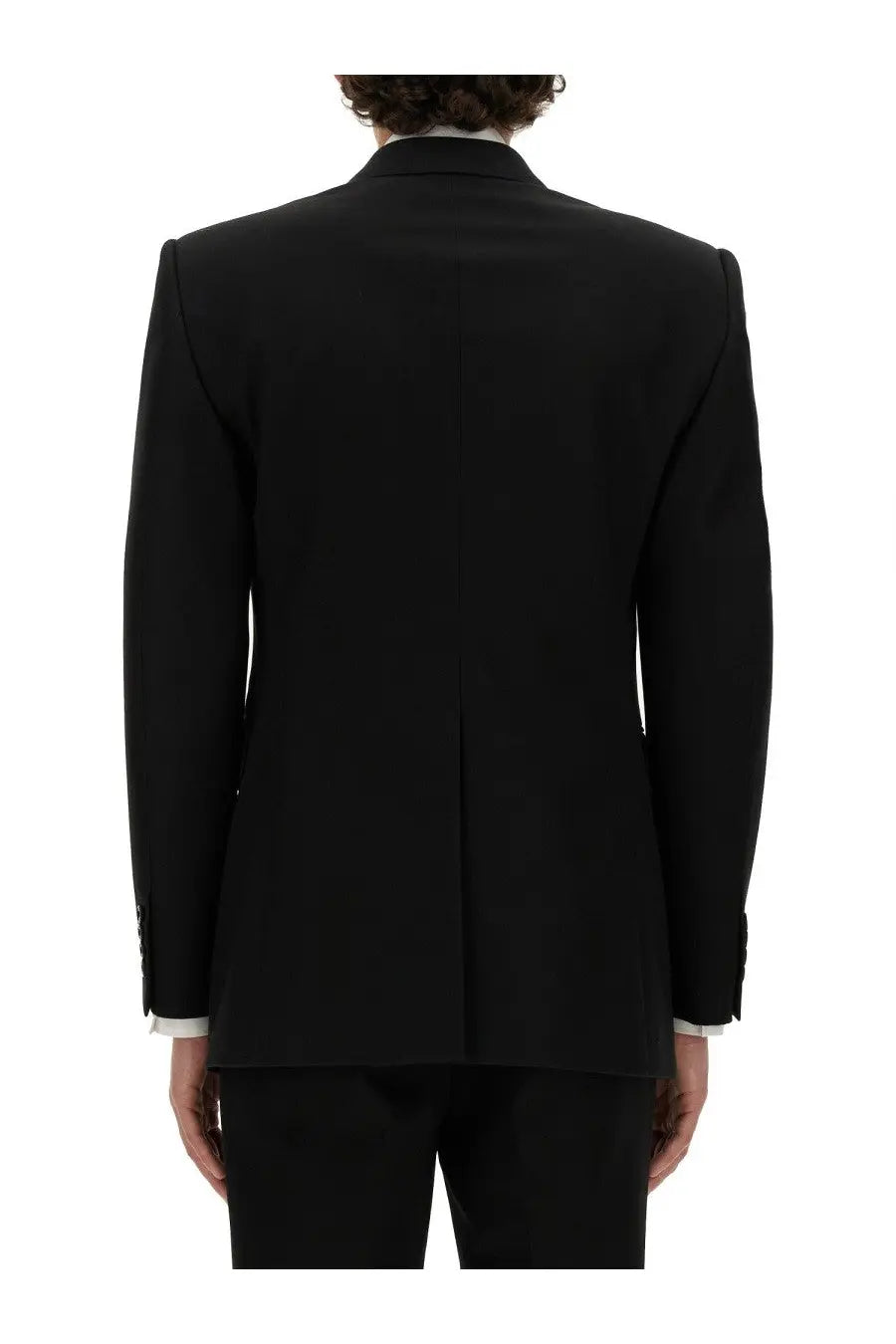 Alexander McQueen men’s black tailored double breasted suit jacket with structured shoulders and notched lapel