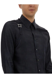 Alexander McQueen men’s black button-down shirt with subtle sheen and white geometric collar pin