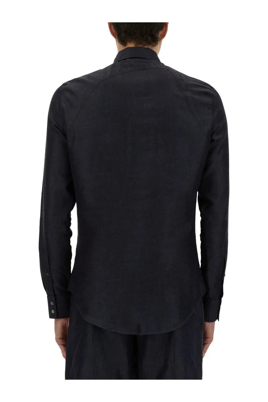 Alexander McQueen men’s harness shirt in black with long sleeves tailored fit and subtle textured fabric