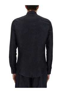 Alexander McQueen men’s harness shirt in black with long sleeves tailored fit and subtle textured fabric