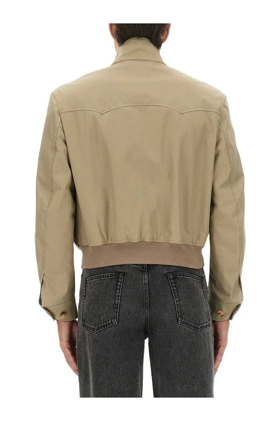 Alexander McQueen men’s beige bomber jacket with ribbed waistband and gold-tone button details in croppped harrington style