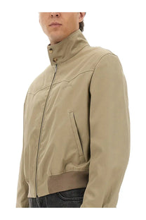 Alexander McQueen men’s beige bomber jacket with stand-up collar zipper closure and subtle chest embroidery