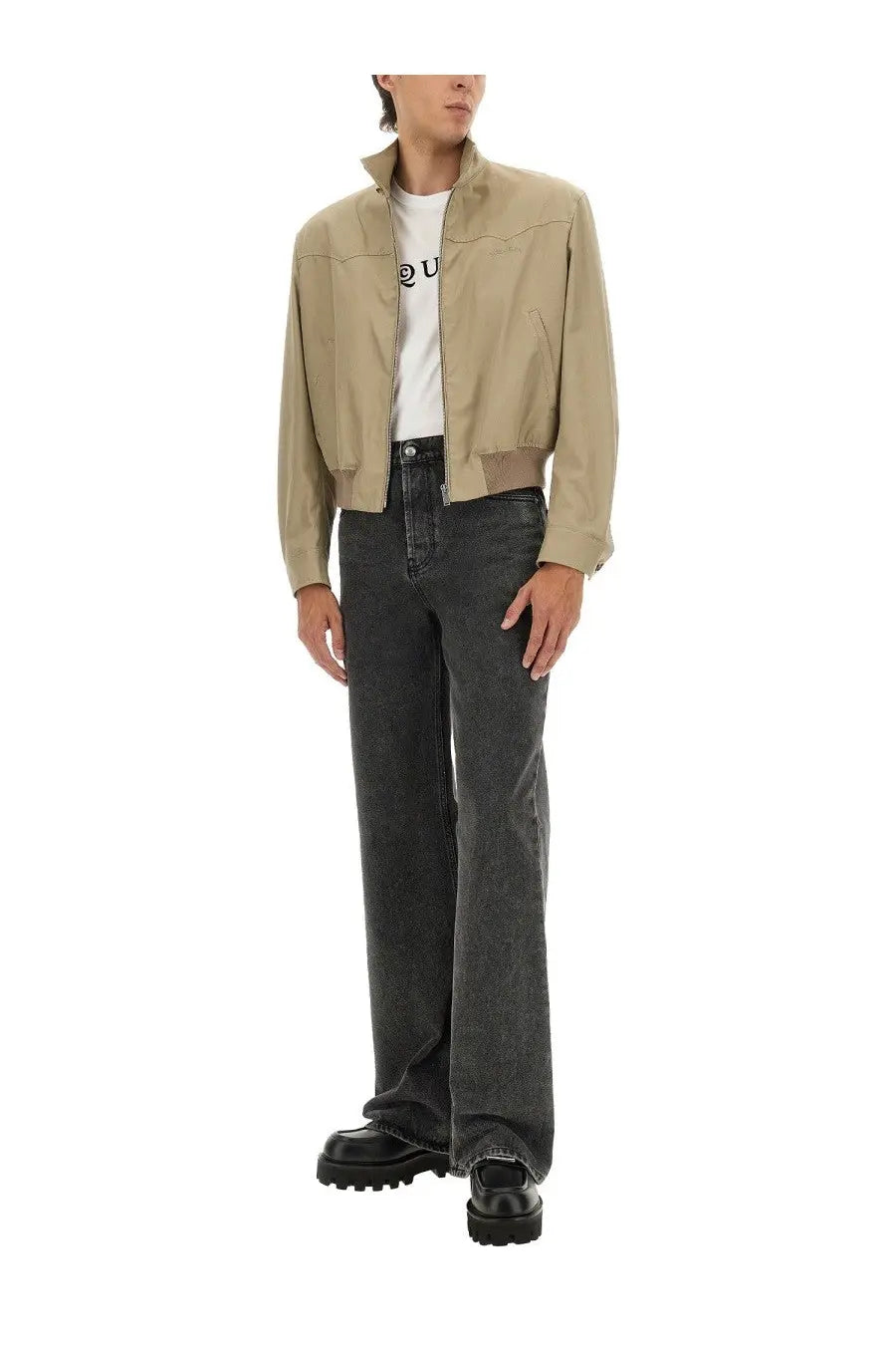 Alexander McQueen men’s beige bomber jacket with subtle textured finish and ribbed cuffs