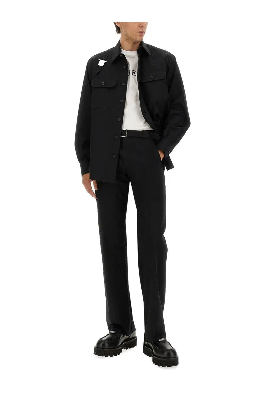 Alexander mcqueen men’s black button-up jacket shirt harness with two chest pockets and white logo patch on left shoulder