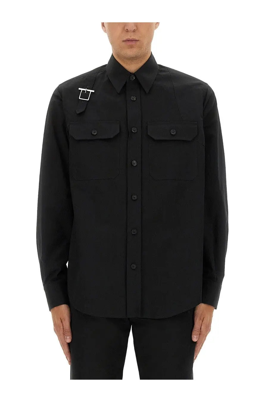 Alexander McQueen men’s black long-sleeved button-up shirt with chest pockets and silver rectangular pin on shoulder