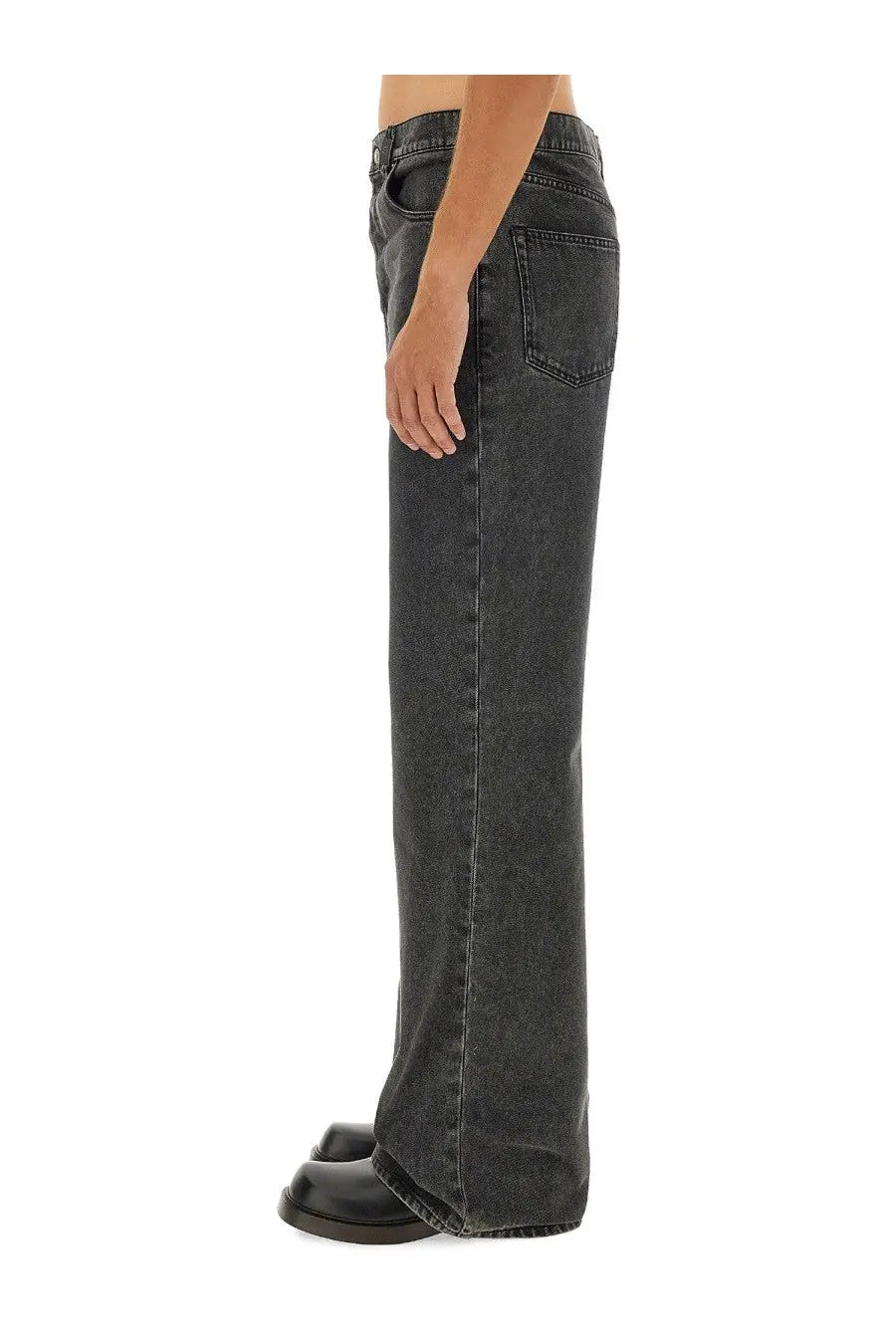 Alexander McQueen men’s dark gray wide-leg denim jeans with relaxed straight cut and classic front pockets