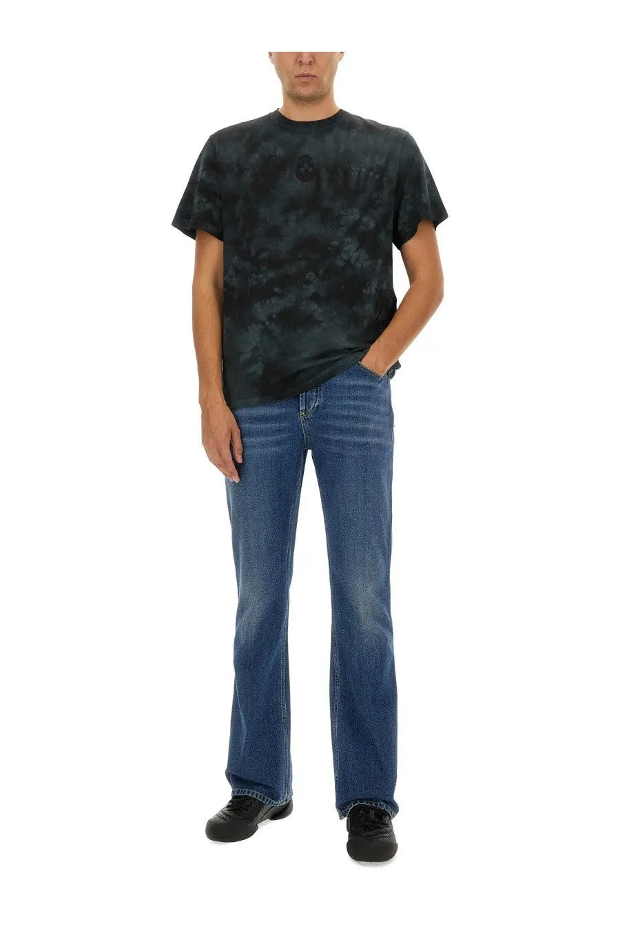 Alexander McQueen men’s black jersey t-shirt with dark tie-dye and subtle faded logo across the chest