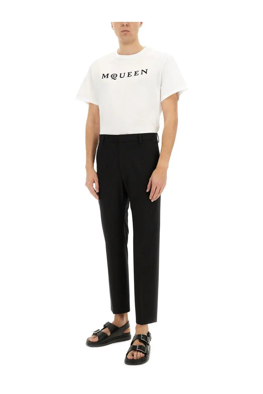 Alexander McQueen men’s white jersey t-shirt with short sleeves and black McQueen logo printed across the chest
