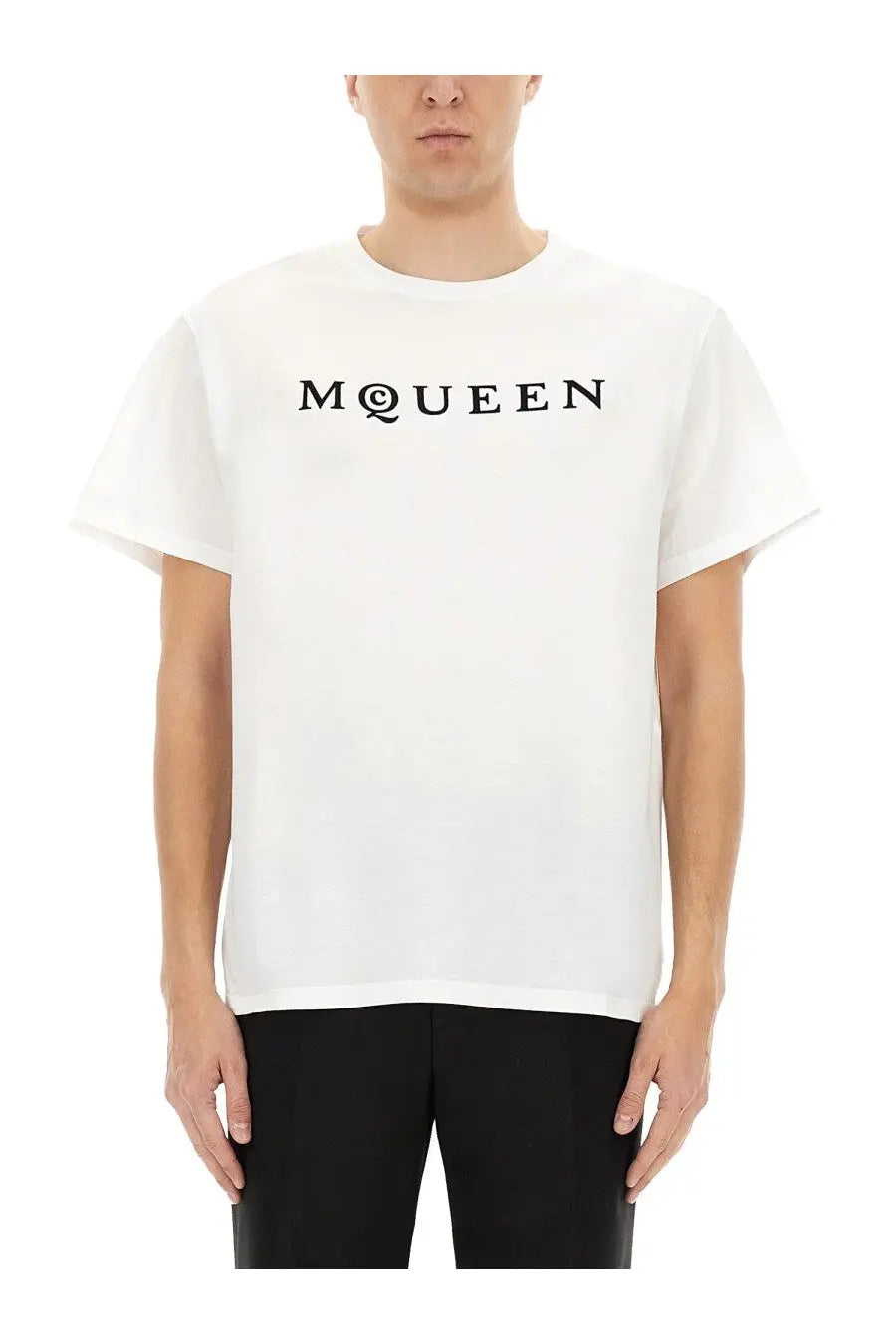 Alexander McQueen men’s white jersey t-shirt with short sleeves and black mcqueen logo printed on the chest
