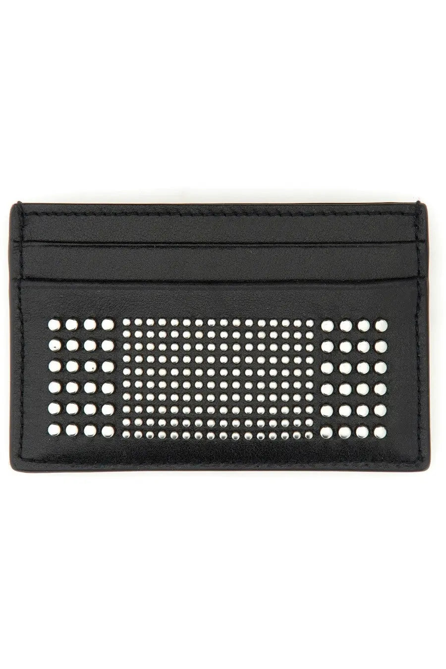 Alexander McQueen men’s black leather card holder with a grid of silver studs across the center